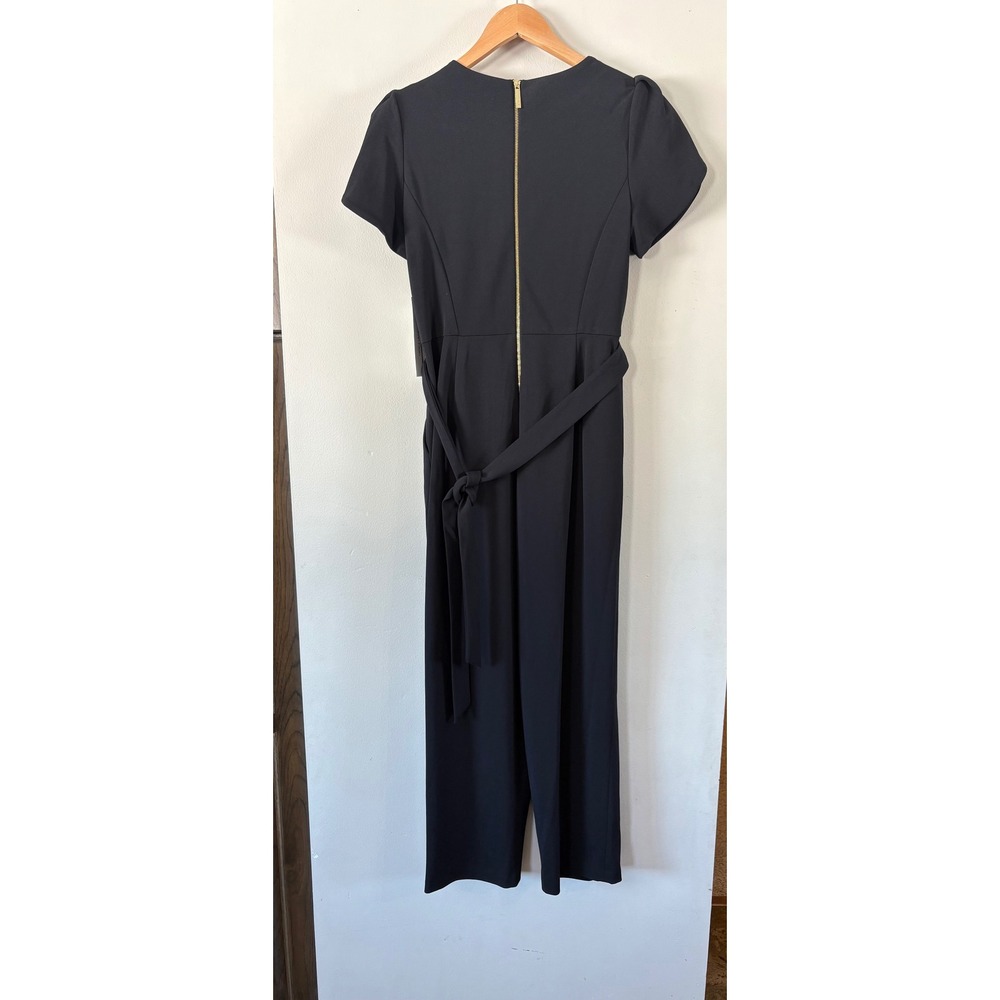 Calvin Klein Size 8 Black Crepe Puff Sleeve Belted Jumpsuit Straight Leg Classic - Picture 2 of 7